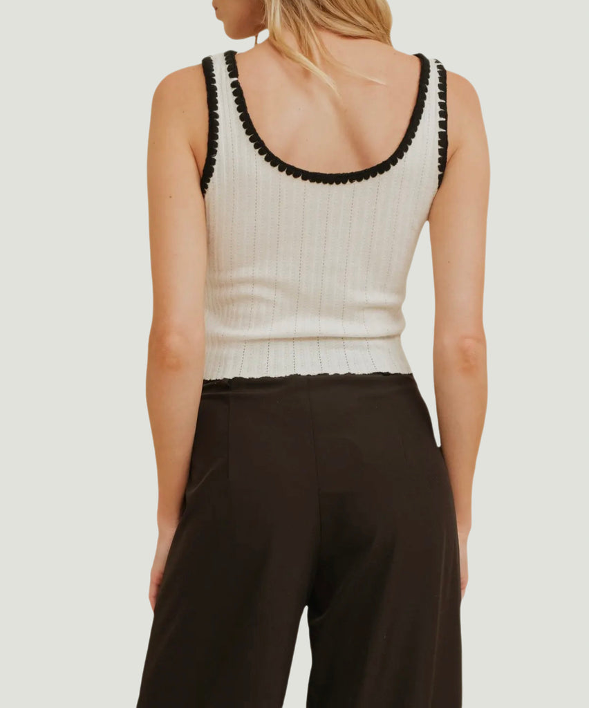 Stitch Collar Ribbed Knit Top in Contrast White and Black