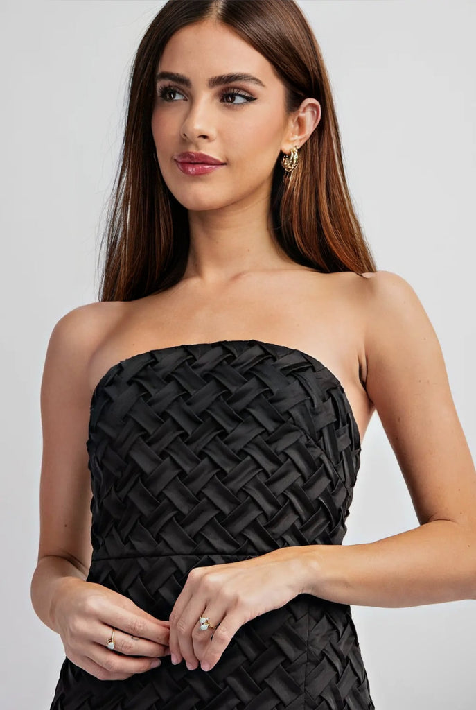 Textured Woven Mini Dress In Black