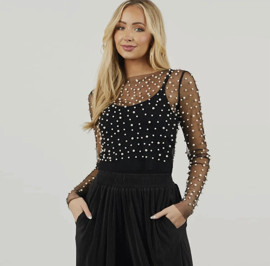 Sparkle Pearl Beads See Through Top in Black
