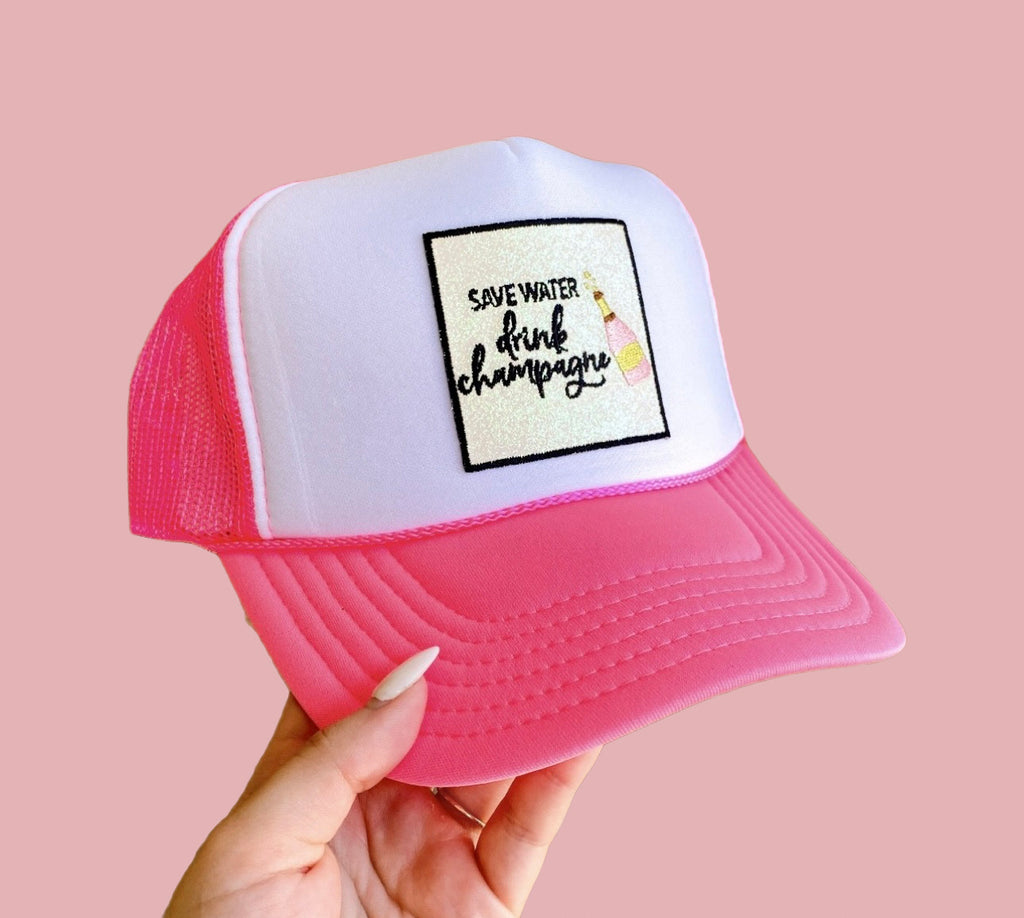 'Save Water DRINK CHAMPAGNE' Embroidered Pink & White Hat