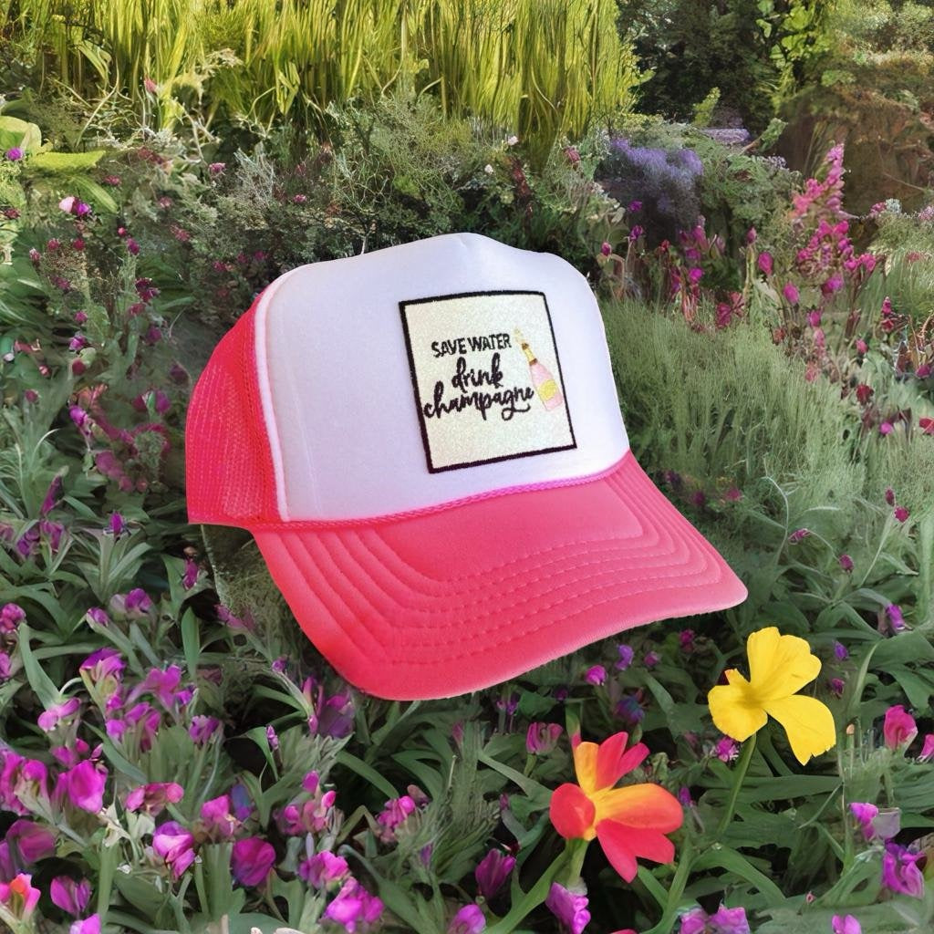 'Save Water DRINK CHAMPAGNE' Embroidered Pink & White Hat