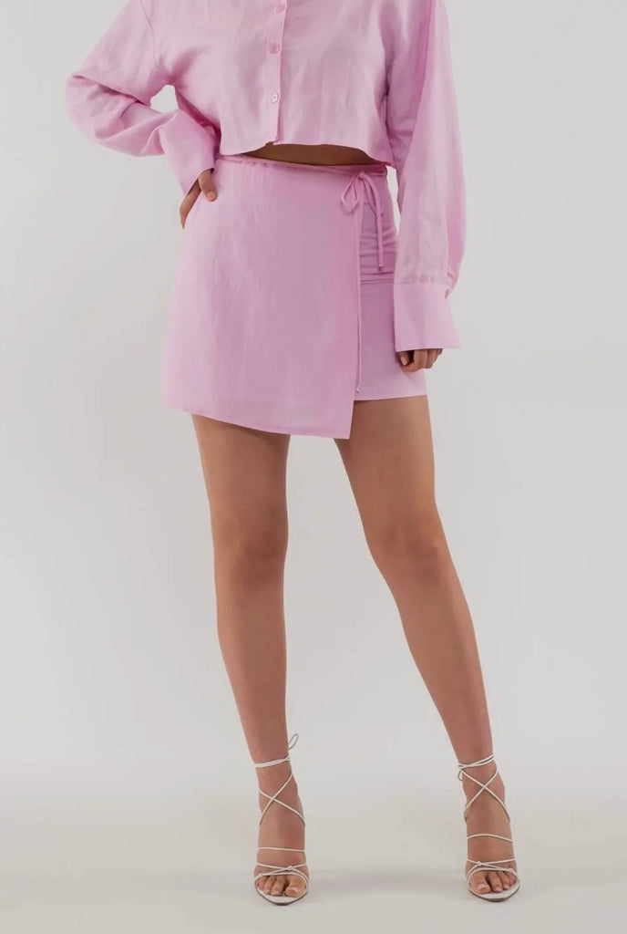 Wrap Linen Mini Skirt In Pink