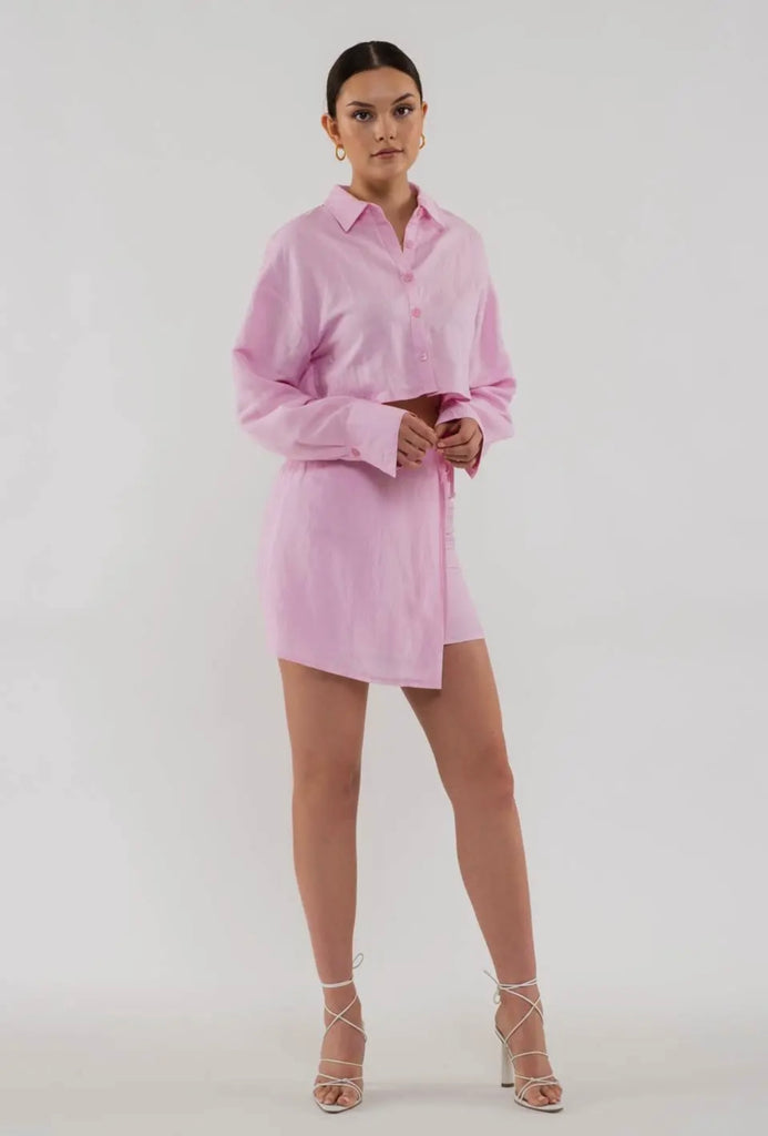 Wrap Linen Mini Skirt In Pink