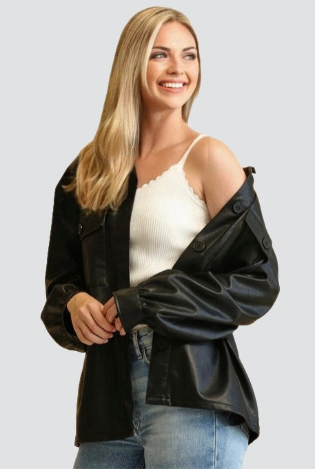 Faux Leather Button Down Shacket