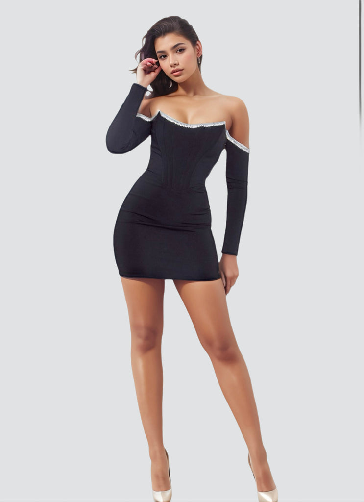 Off Shoulder Long Sleeve Corset Dress in Black